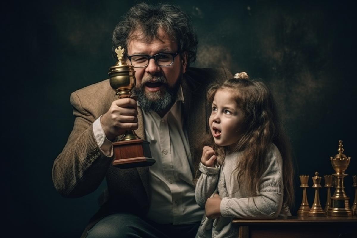 A grown man rejoices at the triumph of winning a chess tournament against a little girl. Holding a sports cup in his hands. The girl is crying