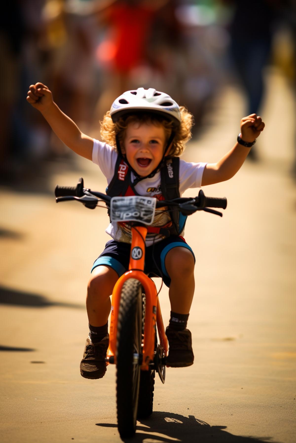 Bicycle race winner little boy joy dynamics rush victory happiness