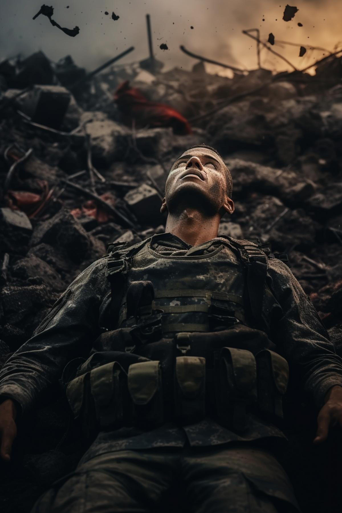Last minute of war victory hited soldier looks up in the sky with dead eyes hard victory breathtaking photo on the background of ruins