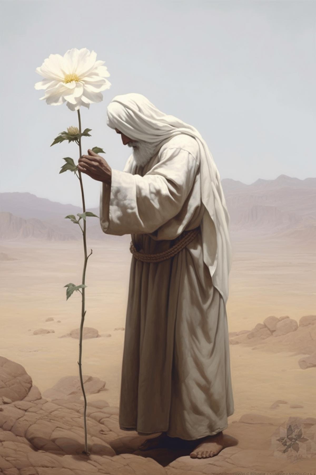An ancient dervish in the desert looks at a single growing flower that he planted earlier and rejoices in triumph and happiness. Flower in color, rest dark and white
