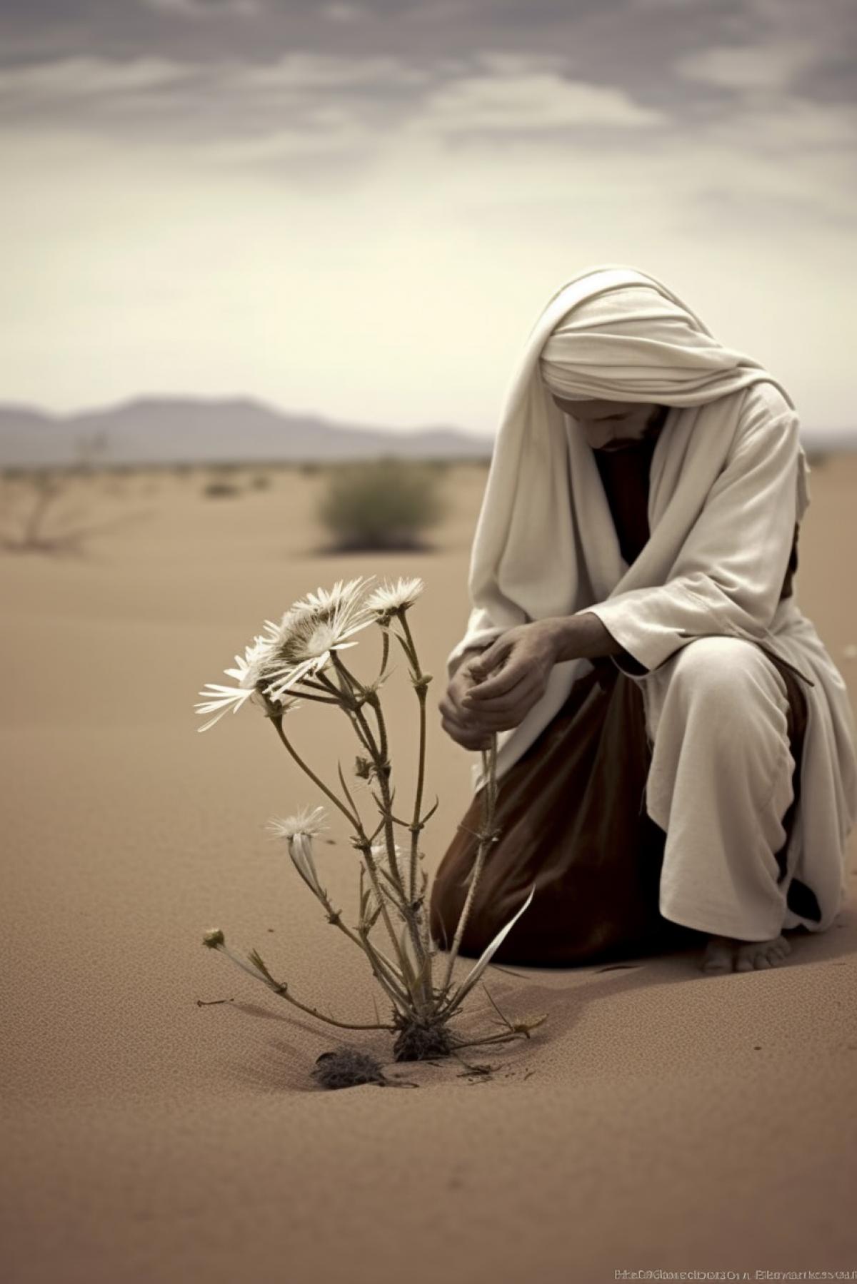 An ancient dervish in the desert looks at a single growing flower that he planted earlier and rejoices in triumph and happiness. Flower in color, rest dark and white