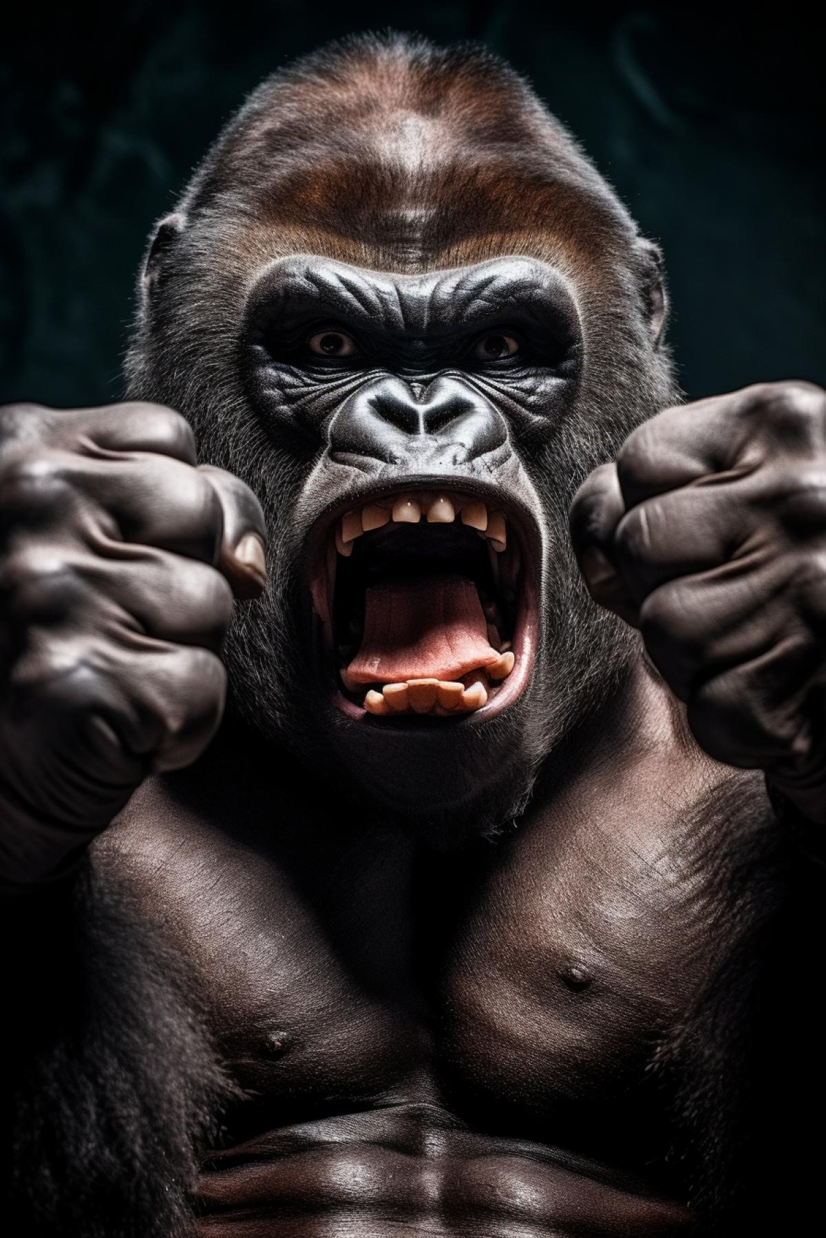 Gorilla the winner alpha-male hits his detailed fists he is the winner