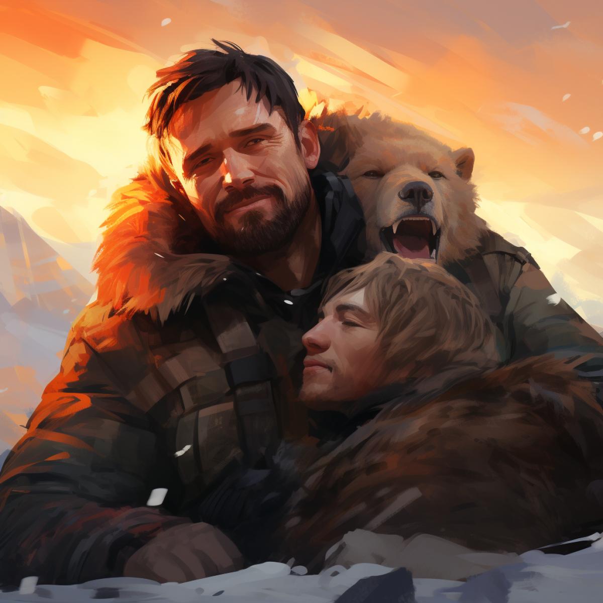 A hunter in the forest, over a defeated bear, tired but happy, satisfied from the victory over a predatory beast