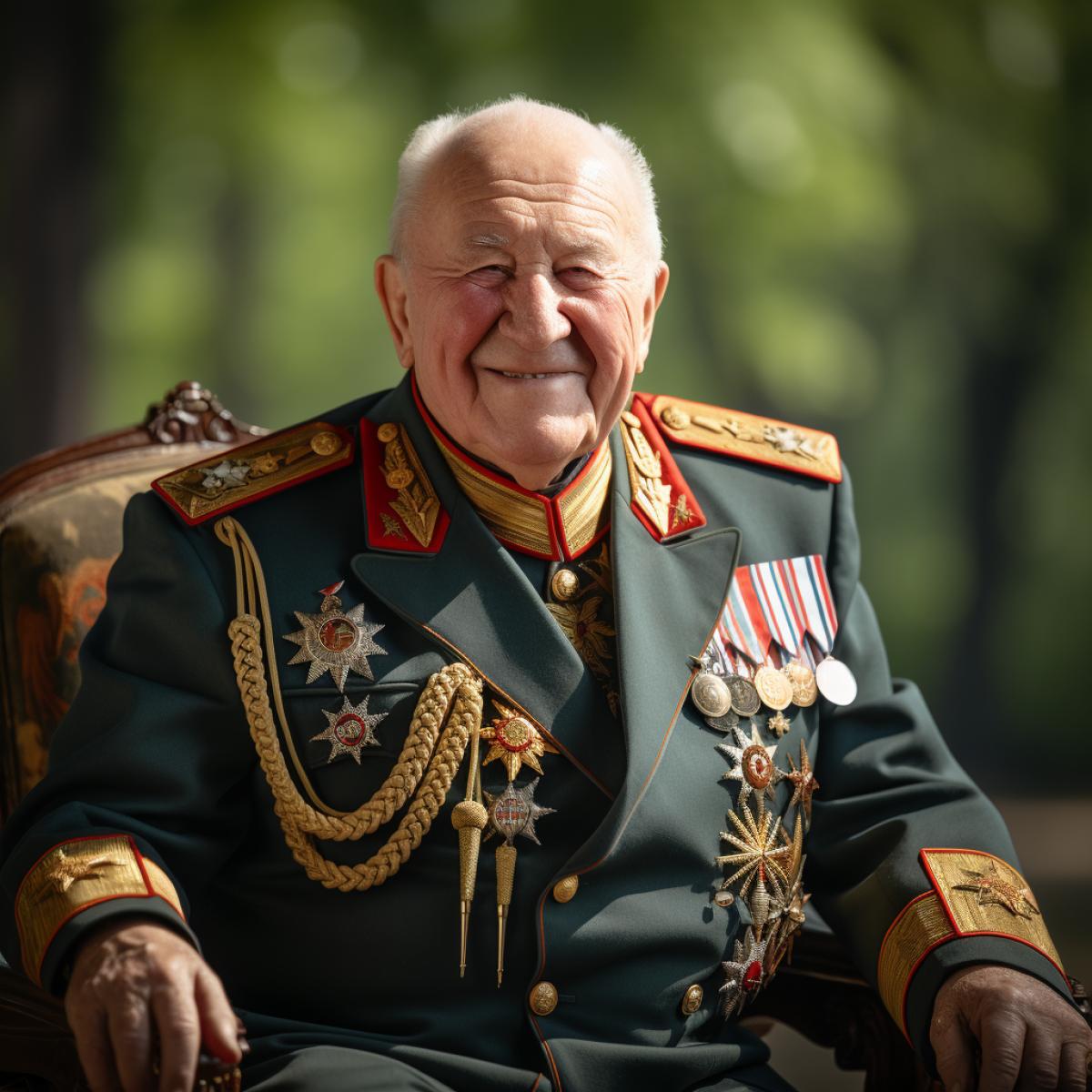 An elderly Veteran of the Great Patriotic War in military uniform with awards on his detailed, with tears of joy in his eyes, Victory Day in 2023 in Moscow, fireworks in the sky, joyful people with flowers and St. George ribbons. Celebration, joy, inspiration.