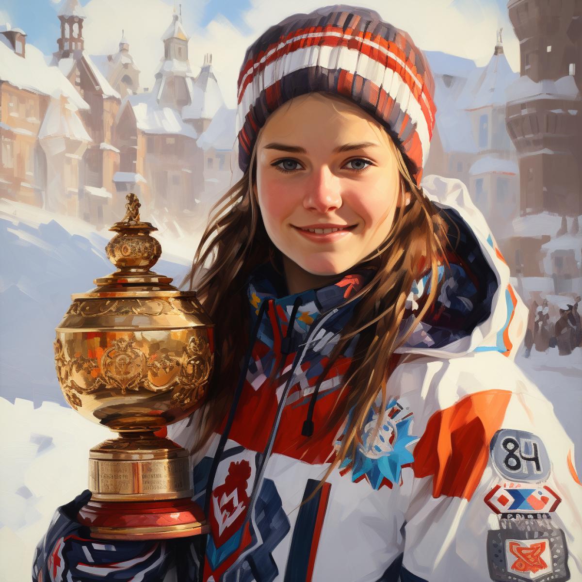 A young female figure skater on a pedestal, with a gold cup in her hands, with a gold medal on her neck, with a bouquet of flowers, happiness, joy