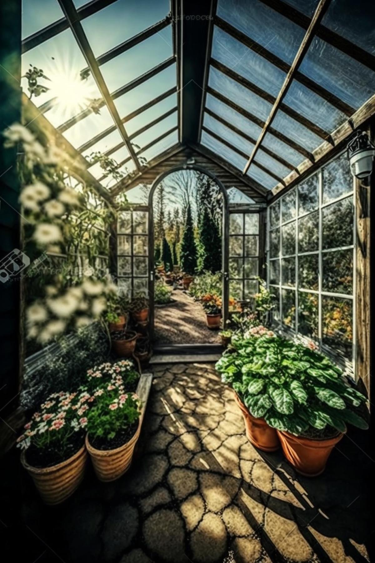 beautiful and cozy greenhouse with flowering plants, view from the inside, outside the windows there is a sunny winter forest