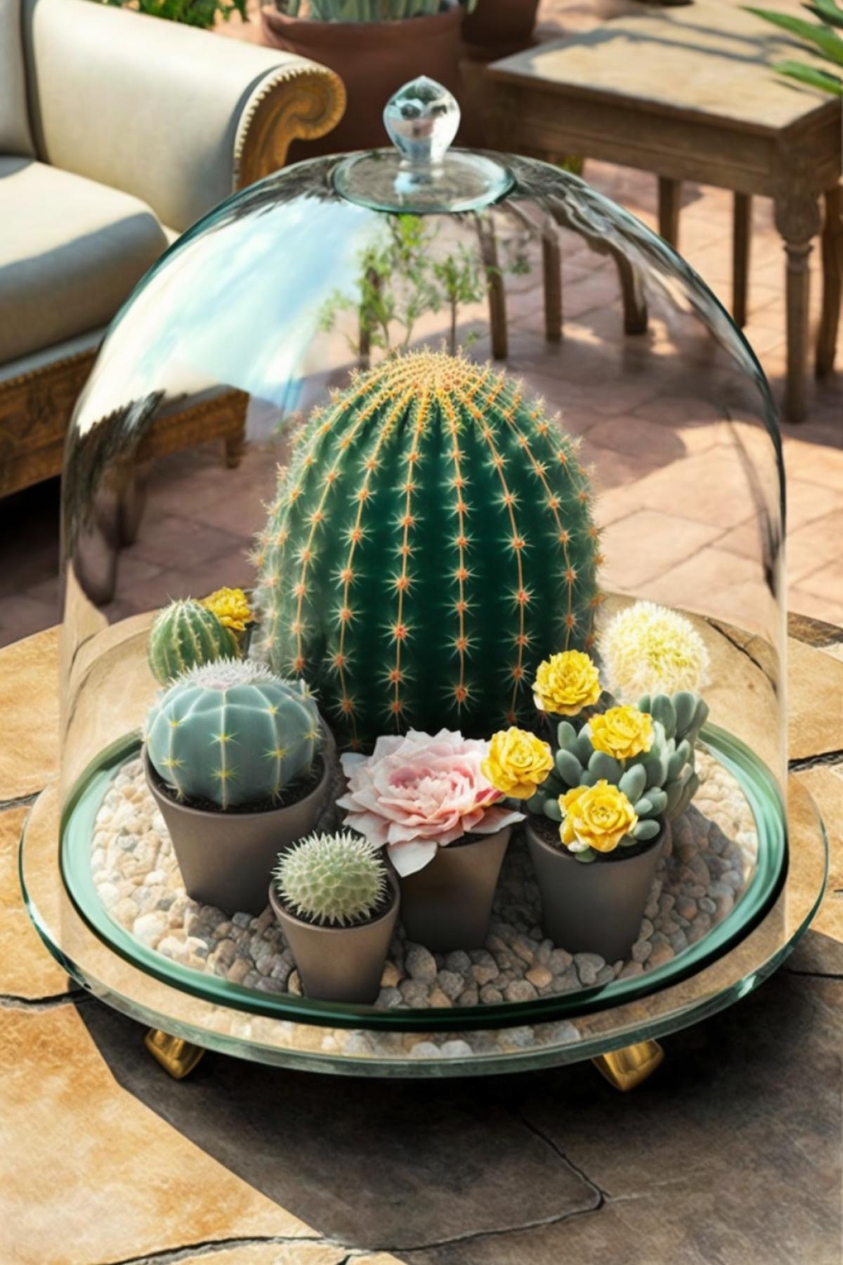 Blooming cacti stand on a table under a large gldome