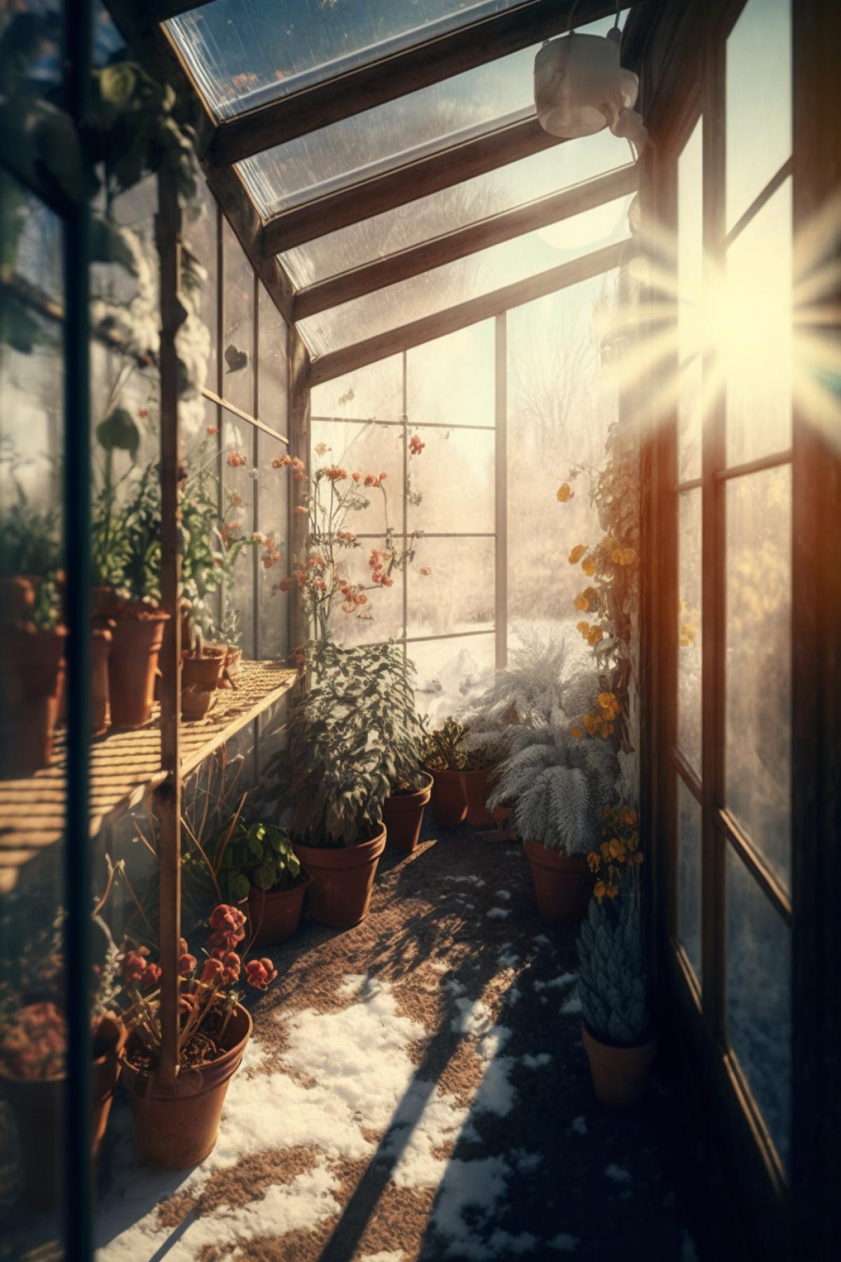 beautiful and cozy greenhouse with flowering plants, view from the inside, sunny winter outside the windows