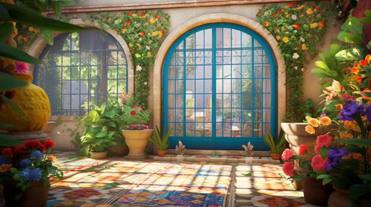 Mexican style greenhouse, southern plants bloom in the greenhouse