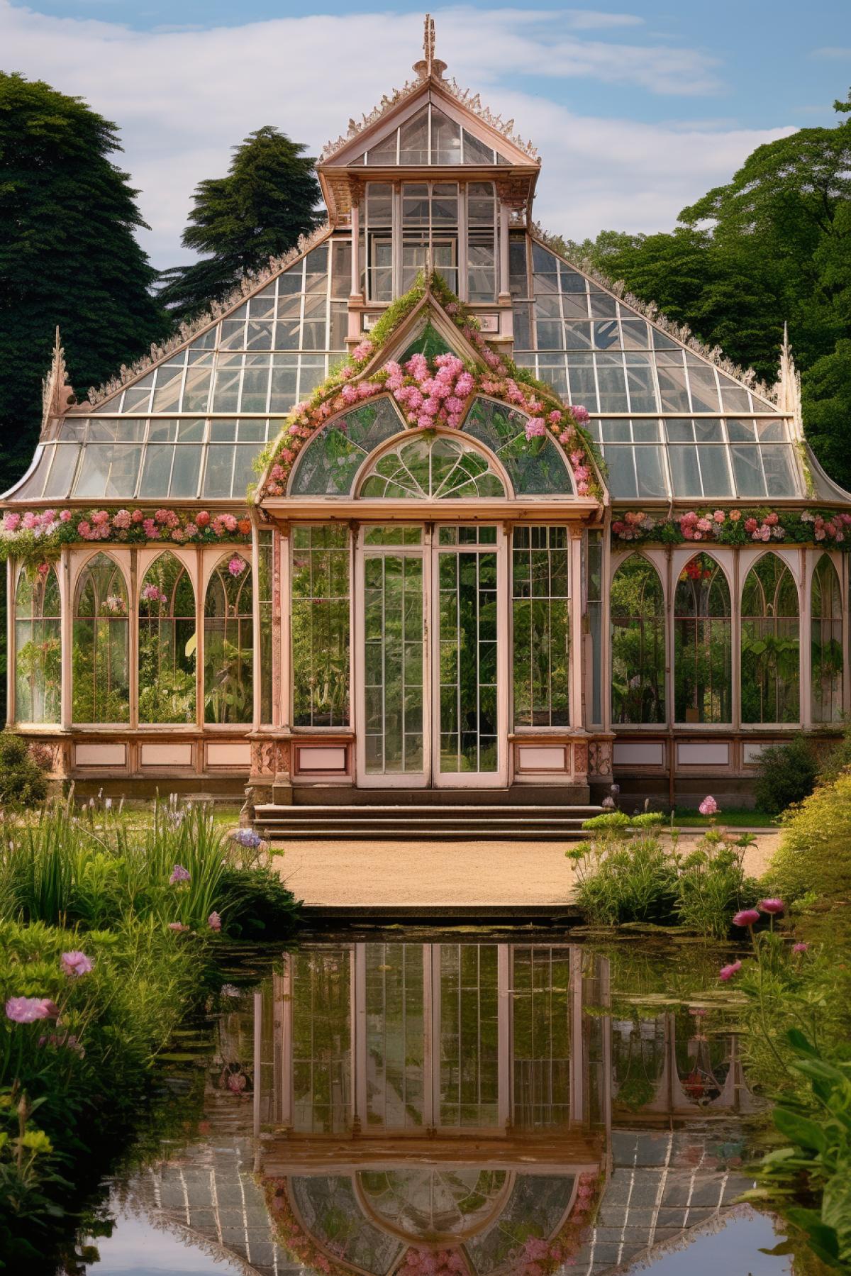 Victorian style floral greenhouse, huge glstructure, rich vegetation, elegance, beautiful view