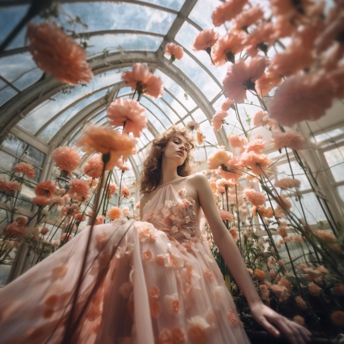 a beautiful woman in a flower orangery, flowers, fluttering petals, delicate, pastel colors, ethereal, hyper detailed, ultra realistic, high-quality photo