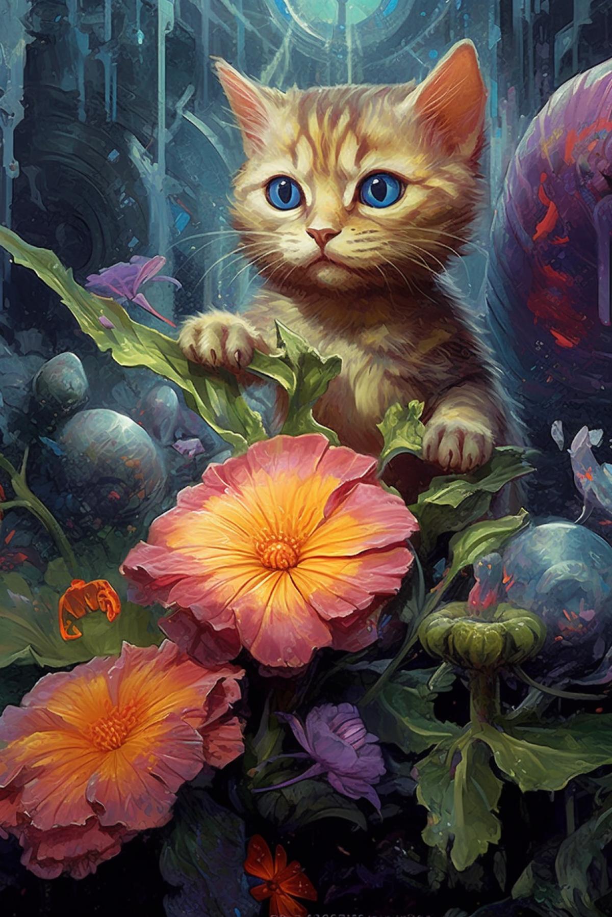 Kitten riding a chameleon in a flower greenhouse with growing cosmic flowers
