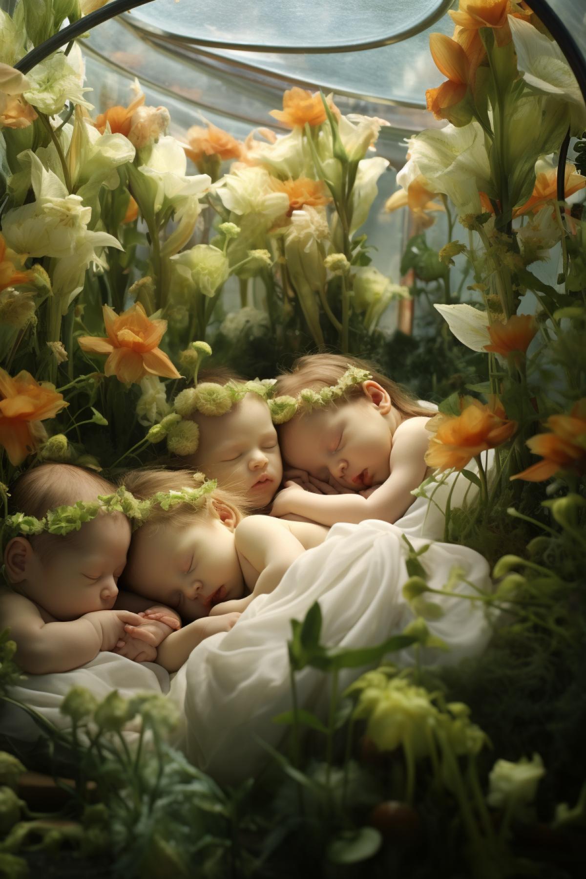 Several beautiful babies sleeping in greenhouse flowers within greenhouse Anne Geddes photo art