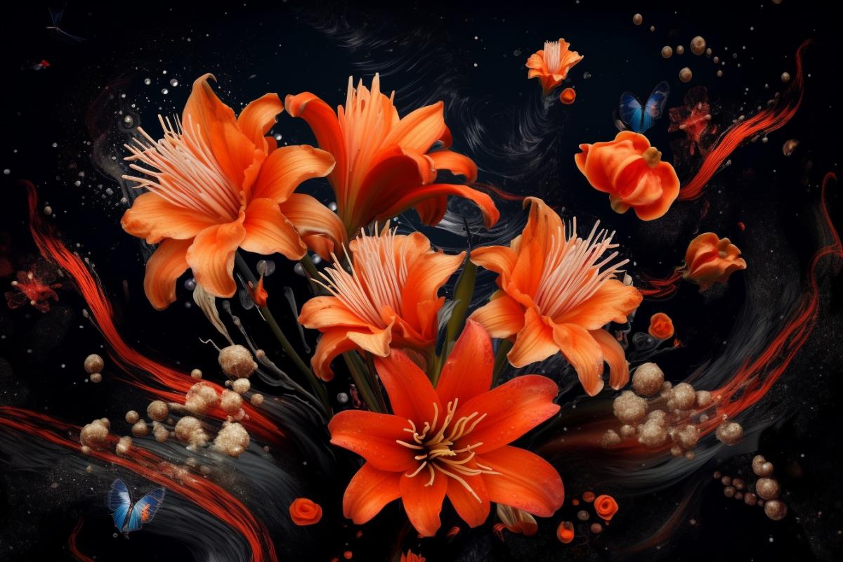 Cosmic floral orange in space with exotic flowers