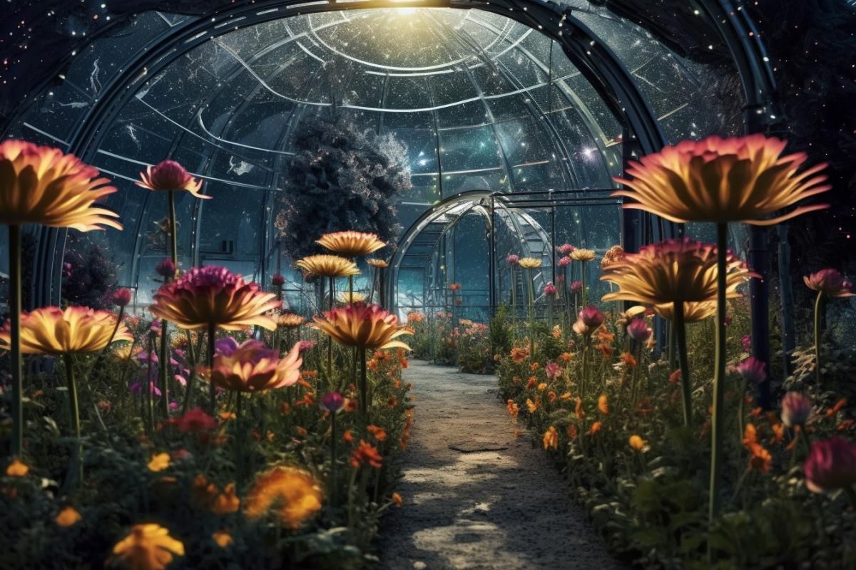 Cosmic unusual surreal flowers in an unusual cosmic greenhouse