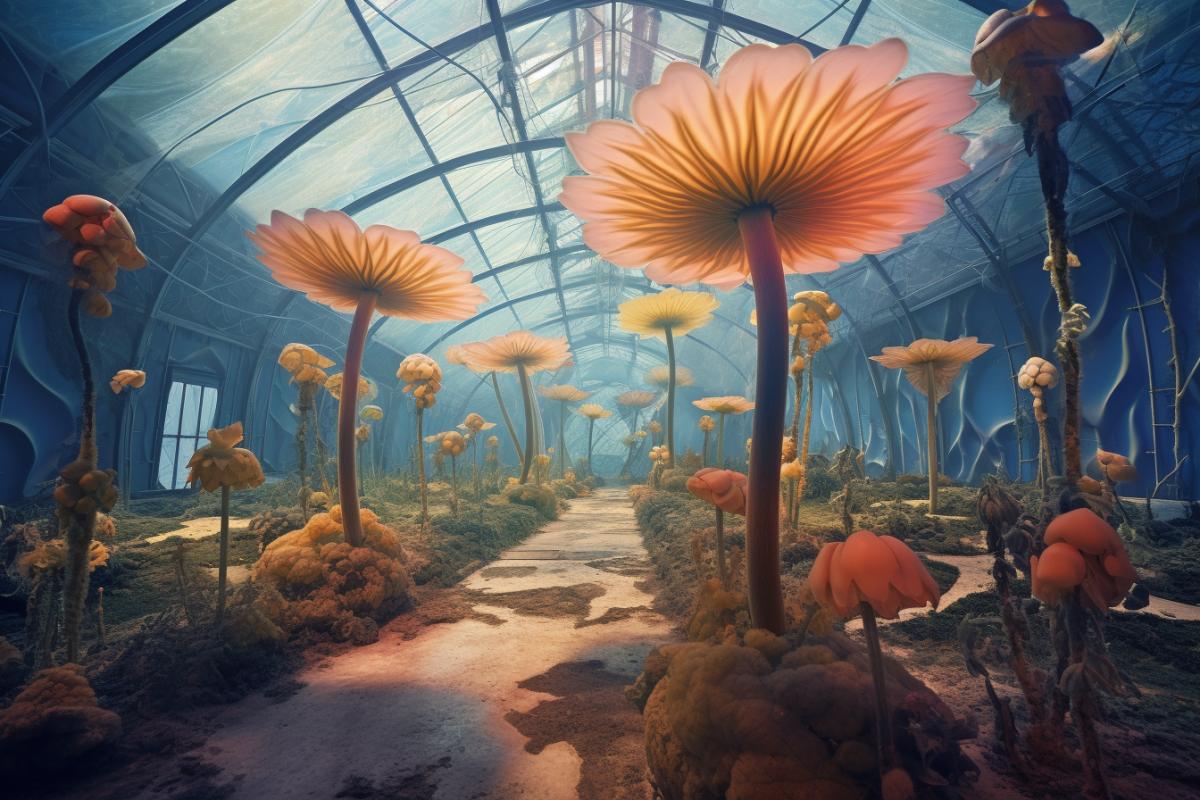 Cosmic unusual surreal flowers in an unusual cosmic greenhouse
