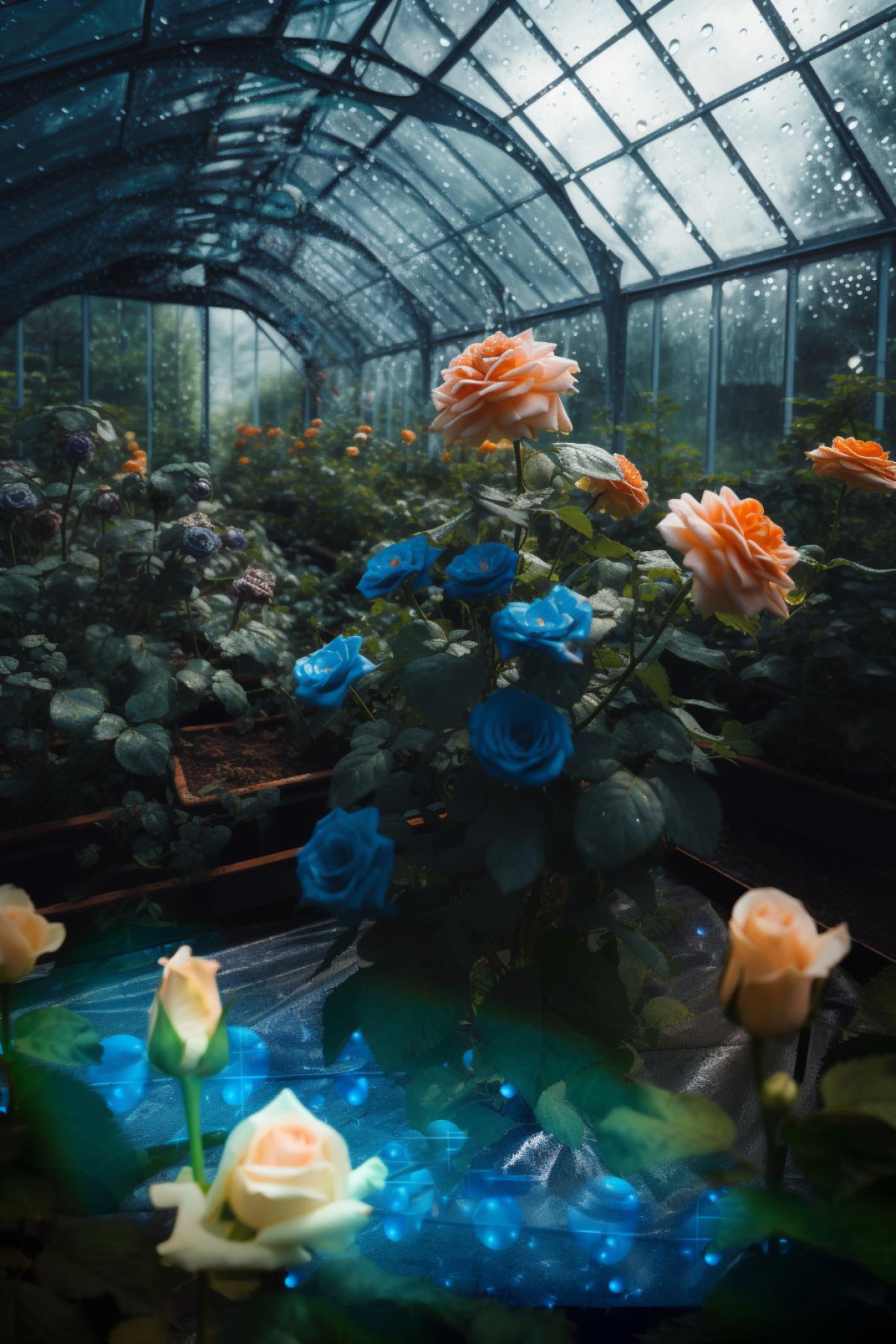 Flower greenhouse, blue roses, dew, beautiful flowers, space, psychedelic,