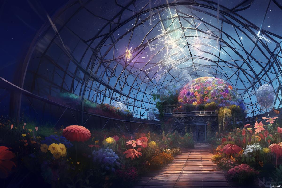 Flower greenhouse, light space, fairy flowers, psychedelic, star dome