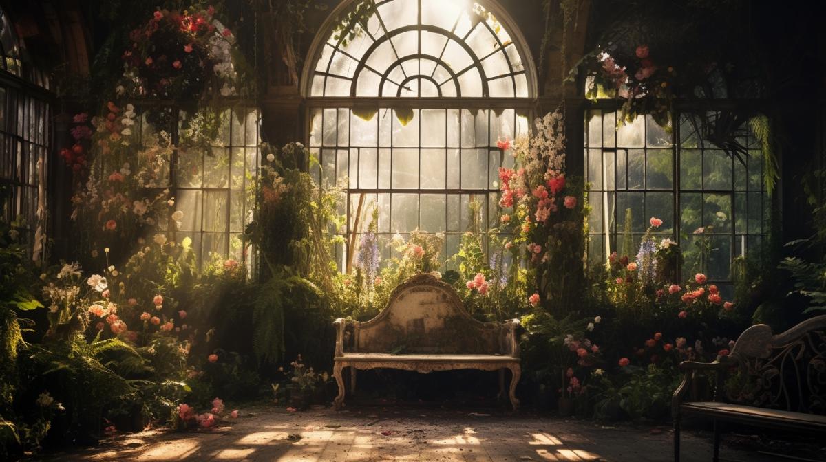 Abandoned Victorian style flower greenhouse, broken windows, rich vegetation, sunlight coming through windows, decadent atmosphere, broken fountain, beautiful flowers, hyper-realistic, high resolution photo