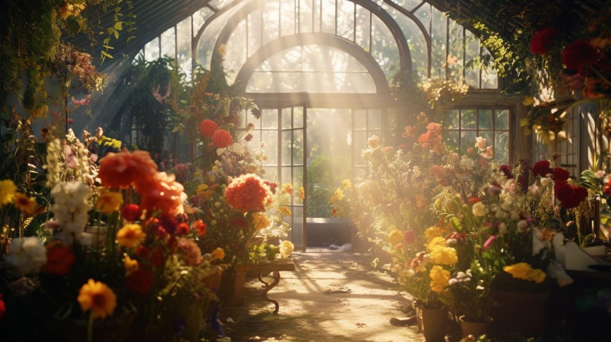 Illustrate the suns rays piercing through the windows in a flower greenhouse Illuminates beautiful flowers, creating a mystical and ethereal scene as light and shadow play amongst the rich vegetation