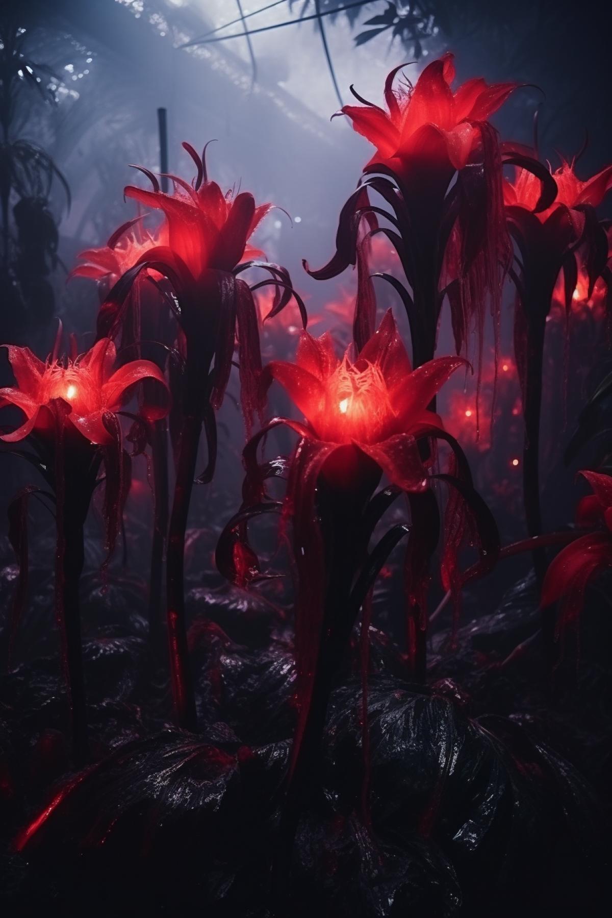 Terrible horrifying exotic flowers with angry faces trying to escape room away from greenhouse in the dark night hell frightening photo