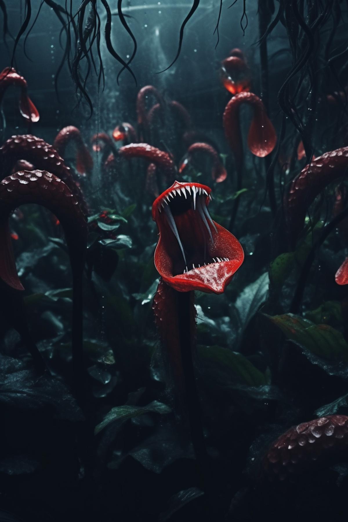 Terrible horrifying exotic flowers with angry faces creeping trying to escape run away from greenhouse in the dark night hell frightening photo