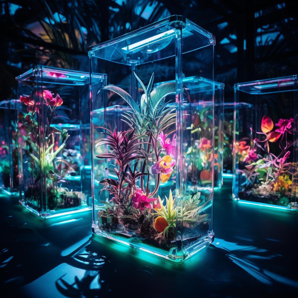 In a modern glconservatory, futuristic botanical specimens are showcased under a surreal, ethereal glow. Neon-lit pathways guide visitors through a symphony of bioluminescent plants, creating a kaleidoscope of pulsating colors. Transparent, levitating planters showcase gravity-defying flora, juxtaposing natures beauty withedge technology. A subtle hum of unseen machinery adds an otherworldly touch to this mesmerizing, avant-garde horticultural space.