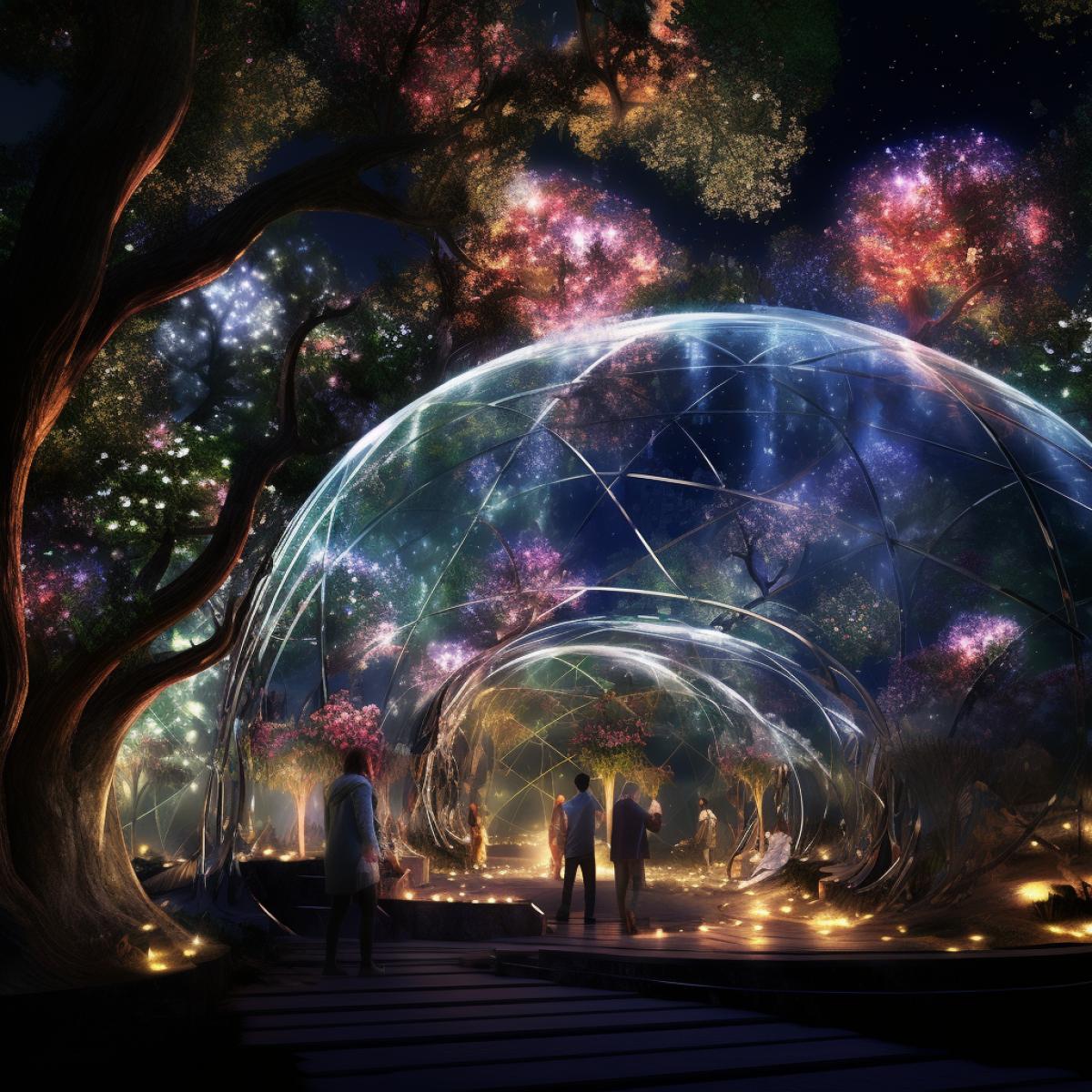 Beneath a starlit, futuristic dome, an otherworldly orchard thrives in a surreal dreamscape. , floating orbs emit a gentle, iridescent glow, illuminating towering, fantastical trees bearing celestial fruits. Mystical creatures, part plant and part ethereal being, tend to the vibrant flora, creating an enchanting harmony between the organic and the magical. The air is filled with a sense of awe and wonder in this cosmic, extraterrestrial orangery.