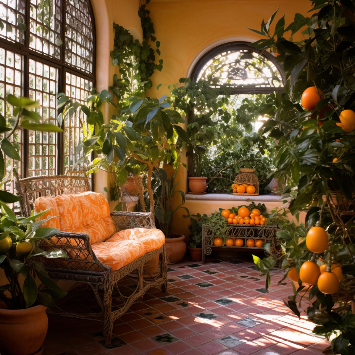 Inside a Mediterranean-inspired conservatory, the warm glow of the setting sun bathes terracotta walls adorned with climbing vines. Olive trees in terra cotta pots create a symphony of greens, casting intricate shadows on mosaic-tiled pathways. A wrought-iron bench invites contemplation amidst fragrant herbs. The air is infused with the aroma of ripe citrus, transporting visitors to a sun-kissed, idyllic oasis.