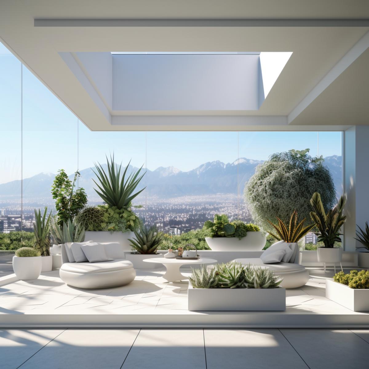 Within a minimalist urban orangery, a symphony of geometric shapes and sleek lines defines the space. Floor-to-ceiling glpanels frame an urban skyline, creating a seamless blend of nature and city. Pristine white planters host sculptural succulents and air plants, echoing the contemporary aesthetic. The atmosphere is one of tranquility and modernity, offering a respite from the ling city life just beyond the transparent walls.