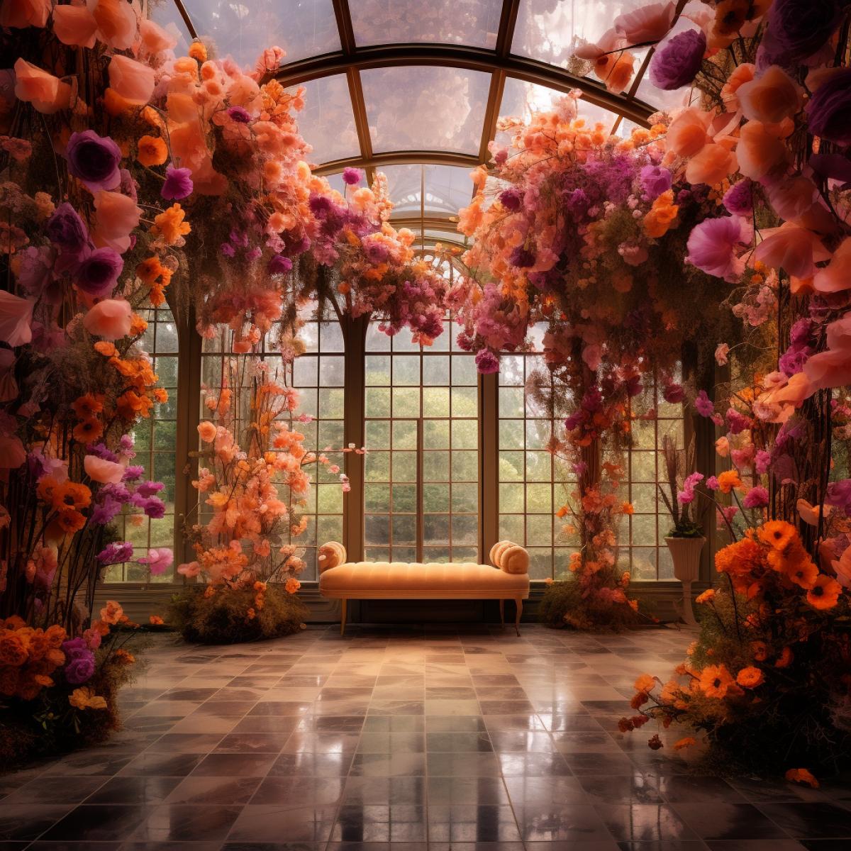 In a mystical, fantasy realm, an enchanted floating orangery hovers amidst clouds and celestial lights. Oversized, luminous blossoms in surreal colors defy gravity, suspended in mid-air. Ethereal creatures, with wings of delicate petals, tend to the fantastical flora. The boundaries between reality and imagination blur in this whimsical, dreamlike orangery that exists beyond the constraints of the earthly realm.