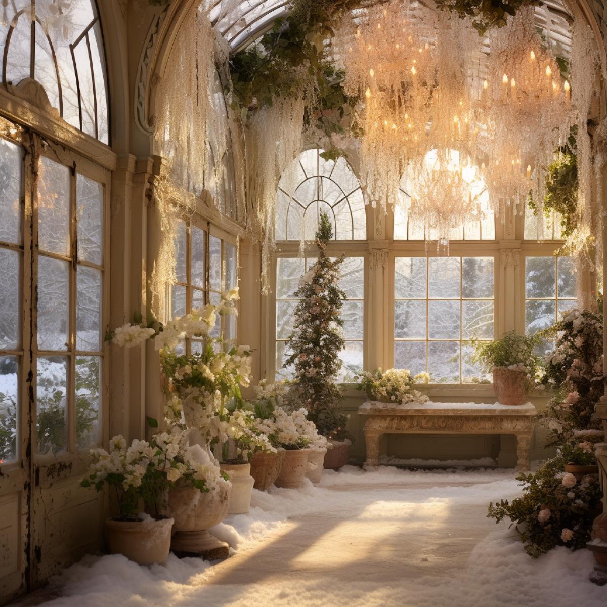 Within a time-frozen winter orangery, delicate snowflakes cling to the glwalls, framing an ethereal scene. Crystal-clear icicles hang from wrought-iron arches, capturing the frosty beauty of dormant plants. The soft glow of antique lanterns bathes the space in a warm, golden hue, creating a tranquil haven amidst the winter chill.
