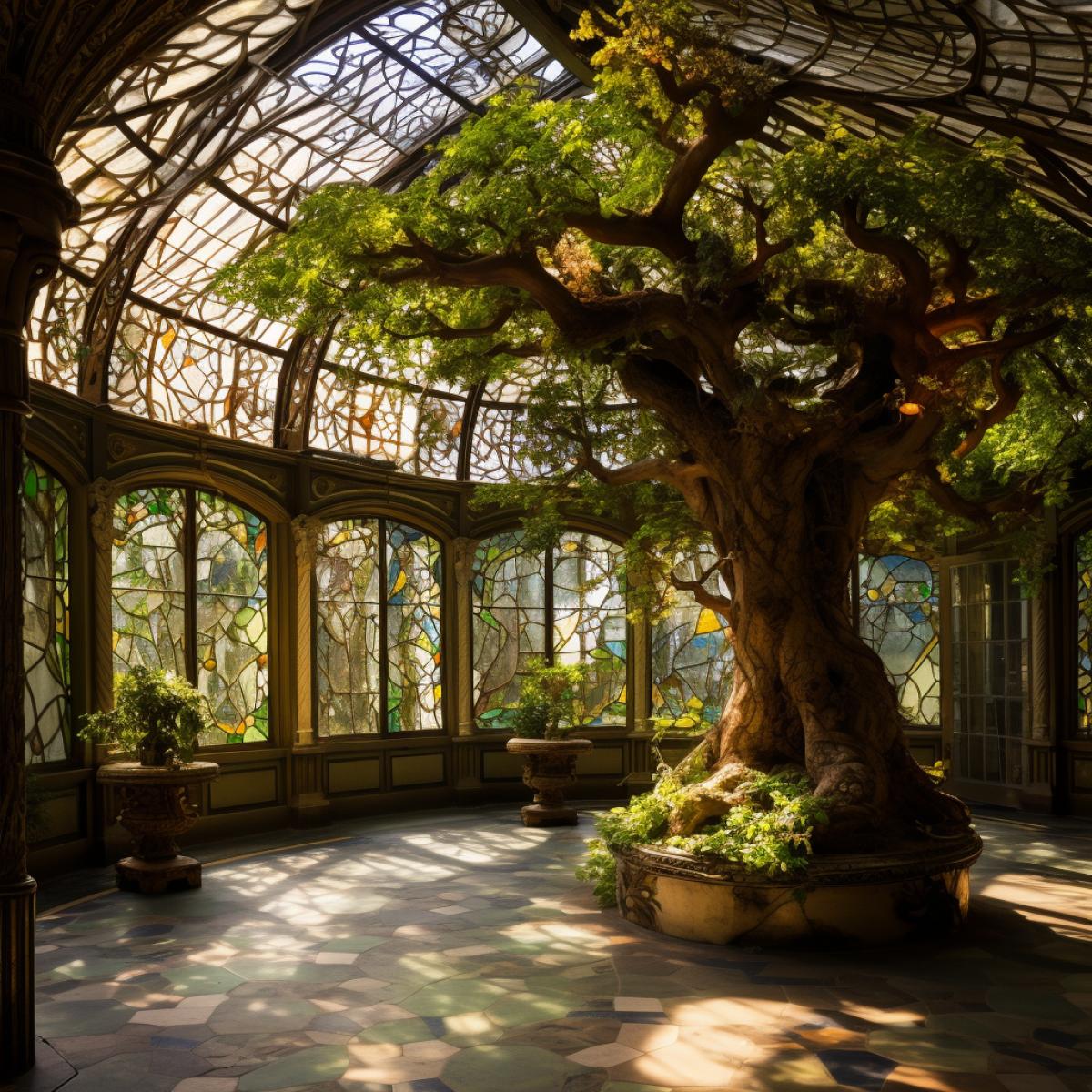 Within a giant, living tree orangery, colossal branches form a natural, leafy dome overhead. Sunlight filters through a canopy of emerald leaves, casting dappled shadows on the mosaic-tiled floor. The air is filled with the sounds of rustling leaves and the occasional chirping of hidden birds. Vines hang gracefully, creating a tapestry of greenery in this magical, arboreal orangery.