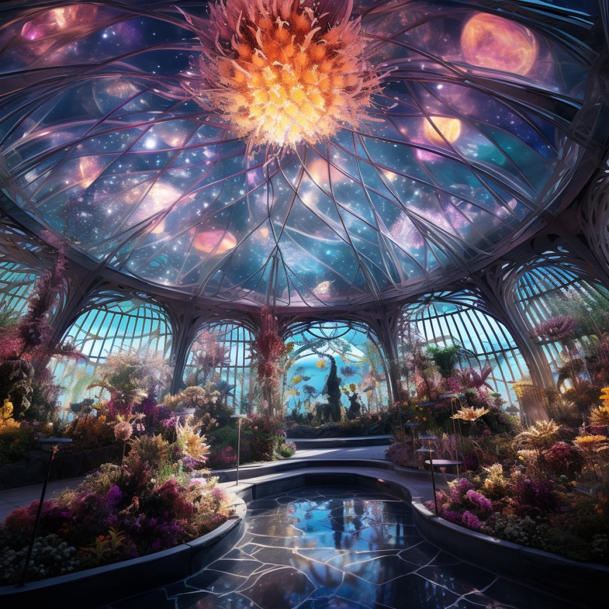 In a floating, celestial orangery amidst the cosmos, ethereal plants with radiant petals thrive in zero gravity. Celestial bodies cast a soft, multicolored glow on the transparent dome, reflecting off the intricate patterns of interstellar flora. The absence of gravity allows the plants to take on mesmerizing, otherworldly shapes, creating a celestial ballet in this cosmic botanical sanctuary.