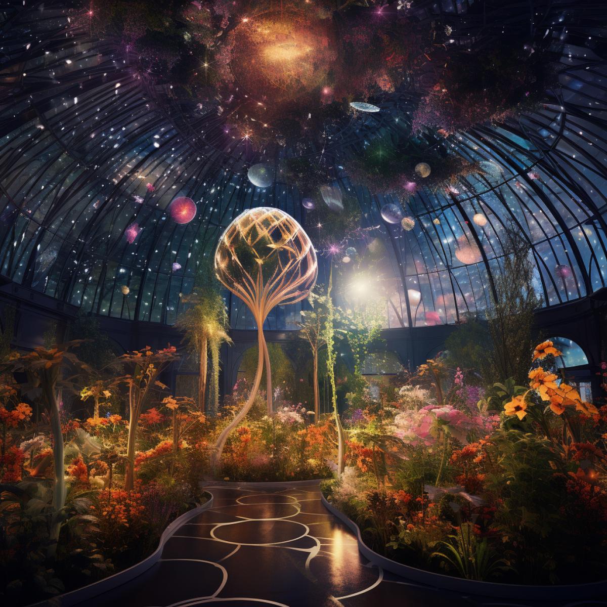 In a floating, celestial orangery amidst the cosmos, ethereal plants with radiant petals thrive in zero gravity. Celestial bodies cast a soft, multicolored glow on the transparent dome, reflecting off the intricate patterns of interstellar flora. The absence of gravity allows the plants to take on mesmerizing, otherworldly shapes, creating a celestial ballet in this cosmic botanical sanctuary.