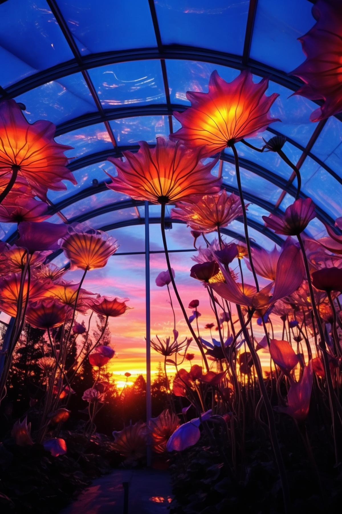 Extraterrestrial exotic mysterious flowers impossible shapes in greenhouse evening sunset behind the gllow view vibrant colours send shivers down my spine