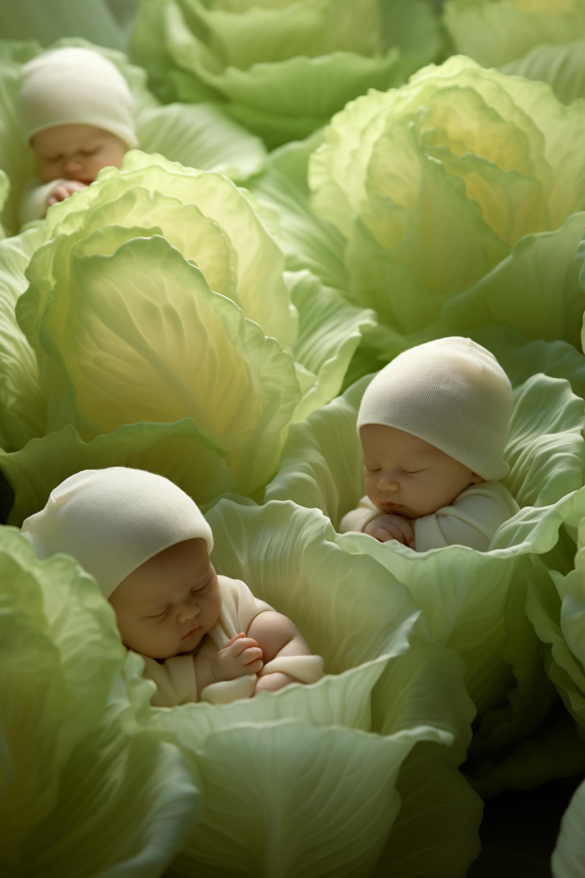 Little beautiful babies in cabbage within big brightly lighted greenhouse tenderness expect of happiness breathtaking photo low views Anne Geddes style