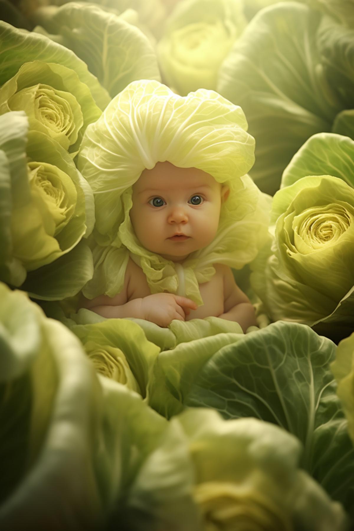 Little beautiful babies in cabbage within big brightly lighted high glgreenhouse tenderness expect of happiness breathtaking photo low views Anne Geddes style