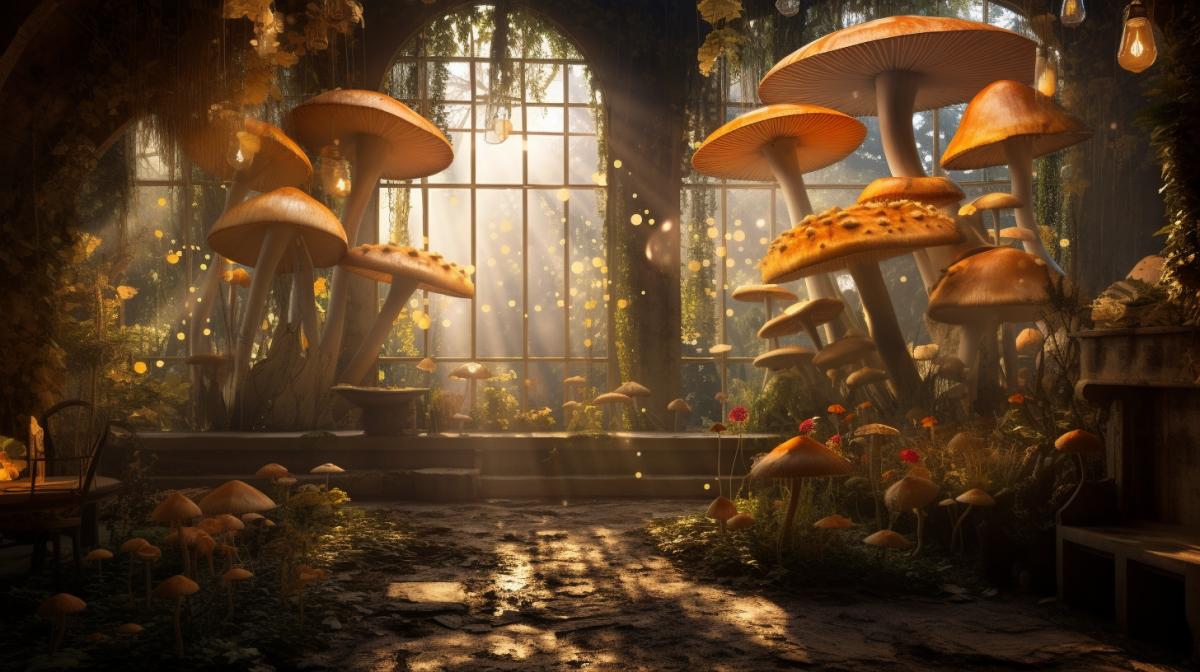 Huge fairy orangery with giganja mushrooms, fly mushrooms, grebes, big windows, suns rays piercing through the windows, magical atmosphere, photorealistic