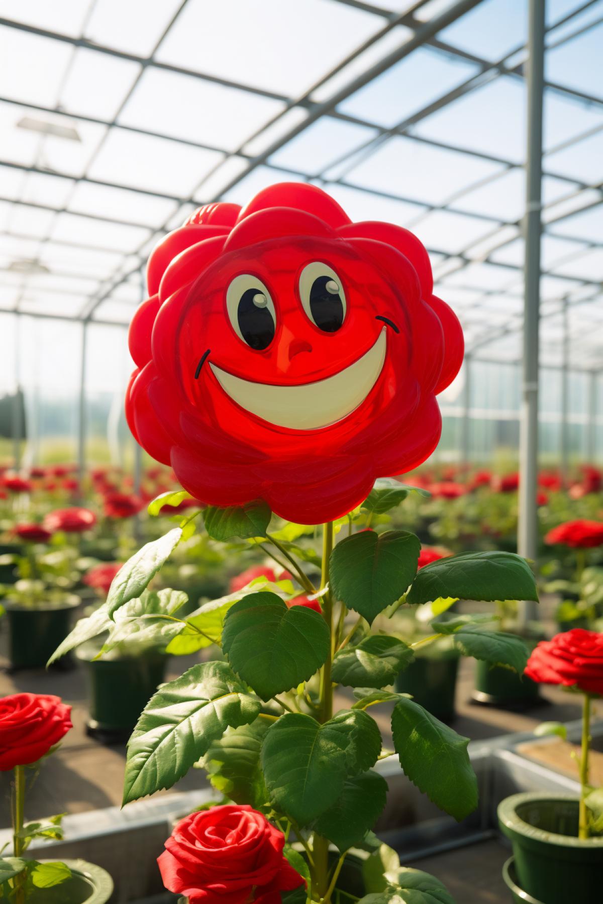 Red rose smiling character in greenhouse greenhouse interior glglglass