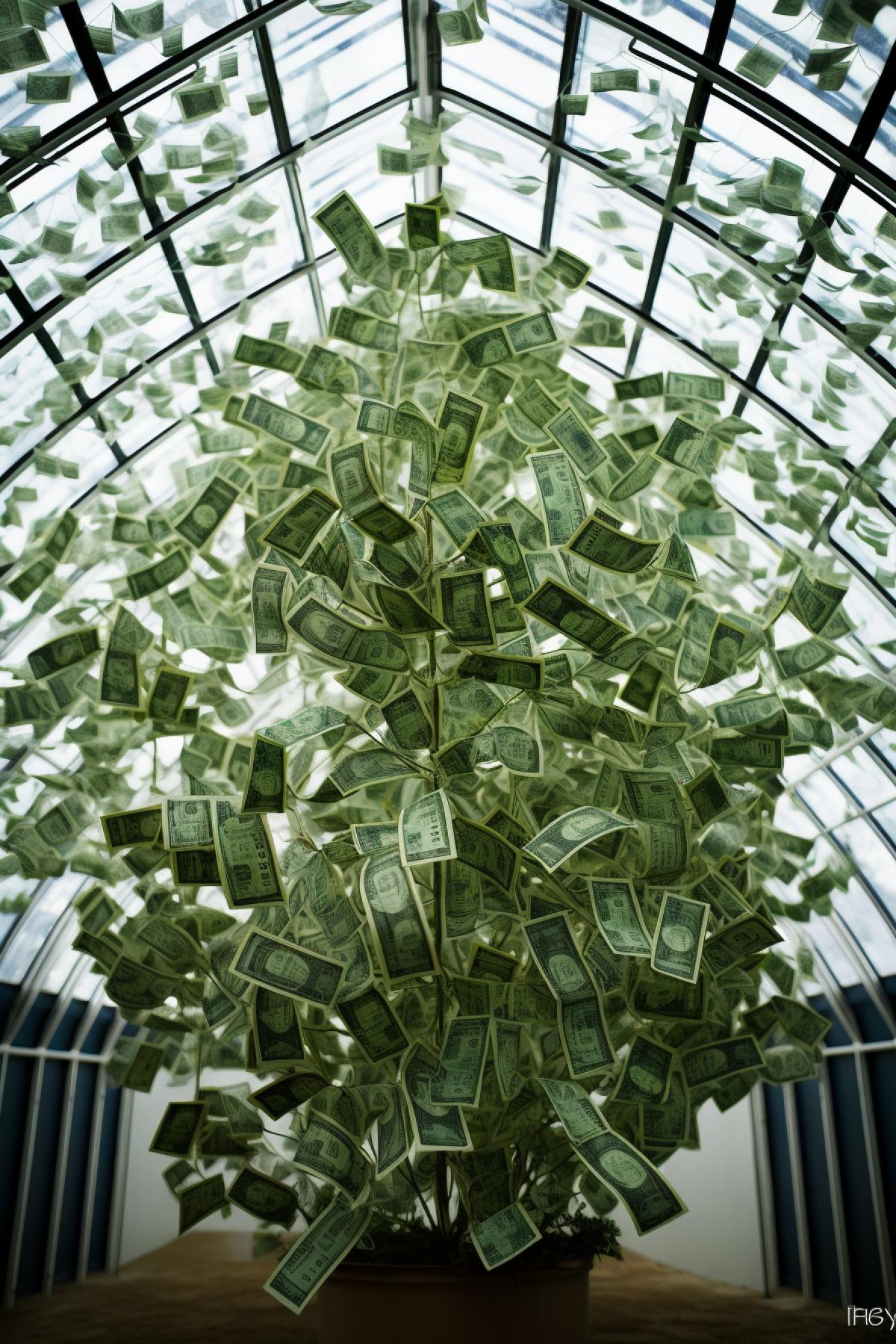 Moneytree on greenhouse all leaves are paper dollars flowers silver coins breathtaking photo