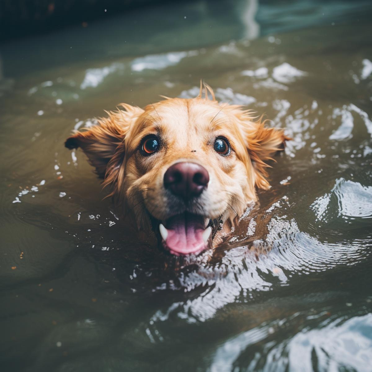 Cute dog swims to escape the flood, photo, hd