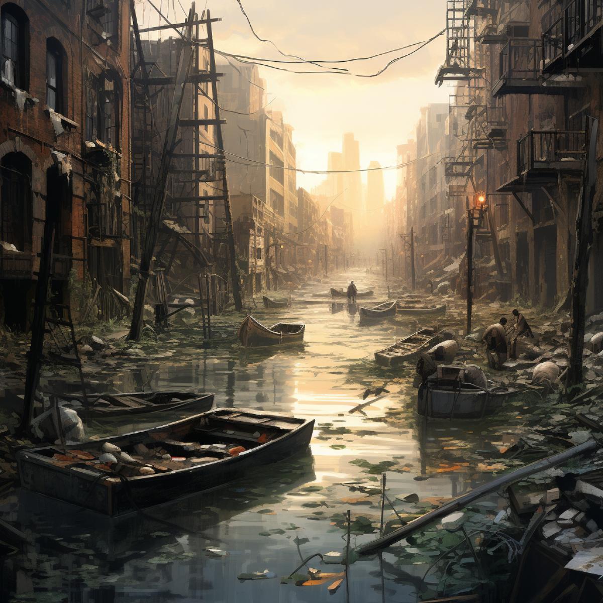 In an apocalyptic cityscape, a torrential flood overtakes the remnants of civilization. Derelict buildings stand half-submerged, their shattered windows reflecting the desolation. A lone boat drifts among the drowned skyscrapers, its occupants navigating a submerged city haunted by the echoes of former urban life.