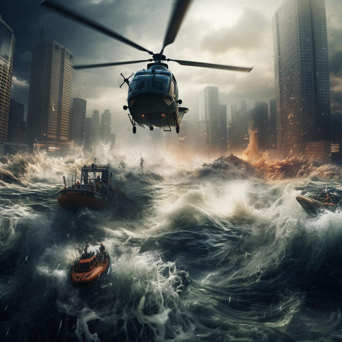 In the midst of a floods peak, focus on a dynamic urban scene at noon. Towering waves crash against skyscrapers, creating a surreal clash of elements. Rescue boats navigate turbulent waters, their presence adding a sense of urgency. A helicopter hovers overhead, capturing the sheer power and the collaborative efforts in the face of a natural disaster.
