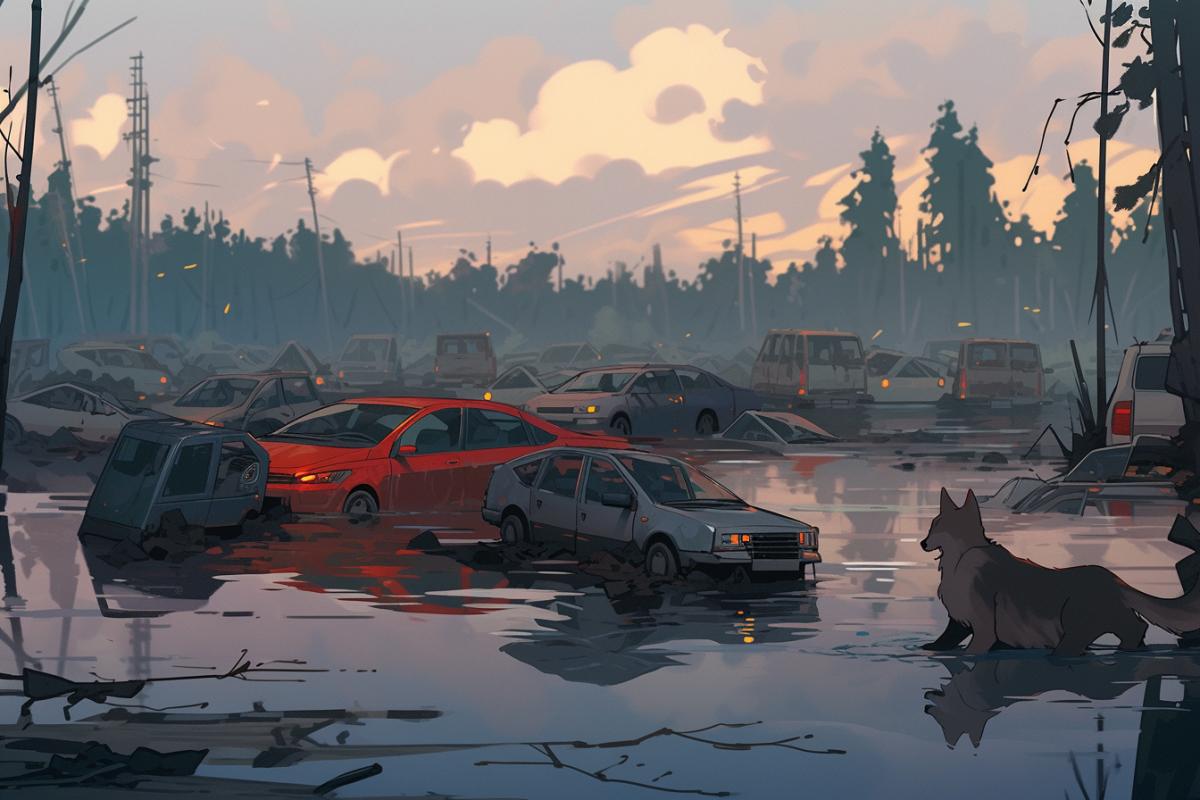 The flood, a cataclysm, drowned all the cars.