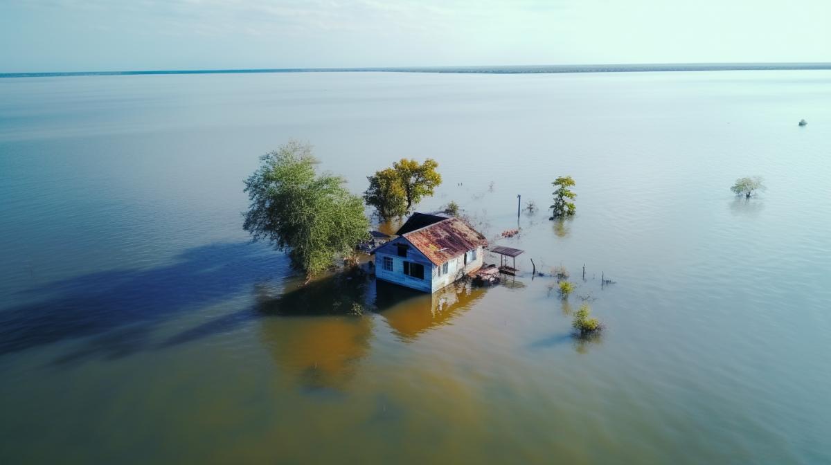 breathtaking, aerial photography, lonely little house surrounded by flood waters, uhd
