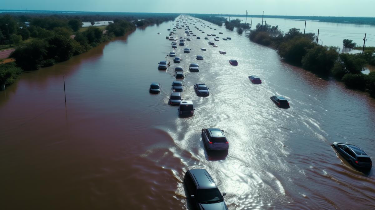 breathtaking, aerial photography, line of cars surrounded by flood waters, uhd