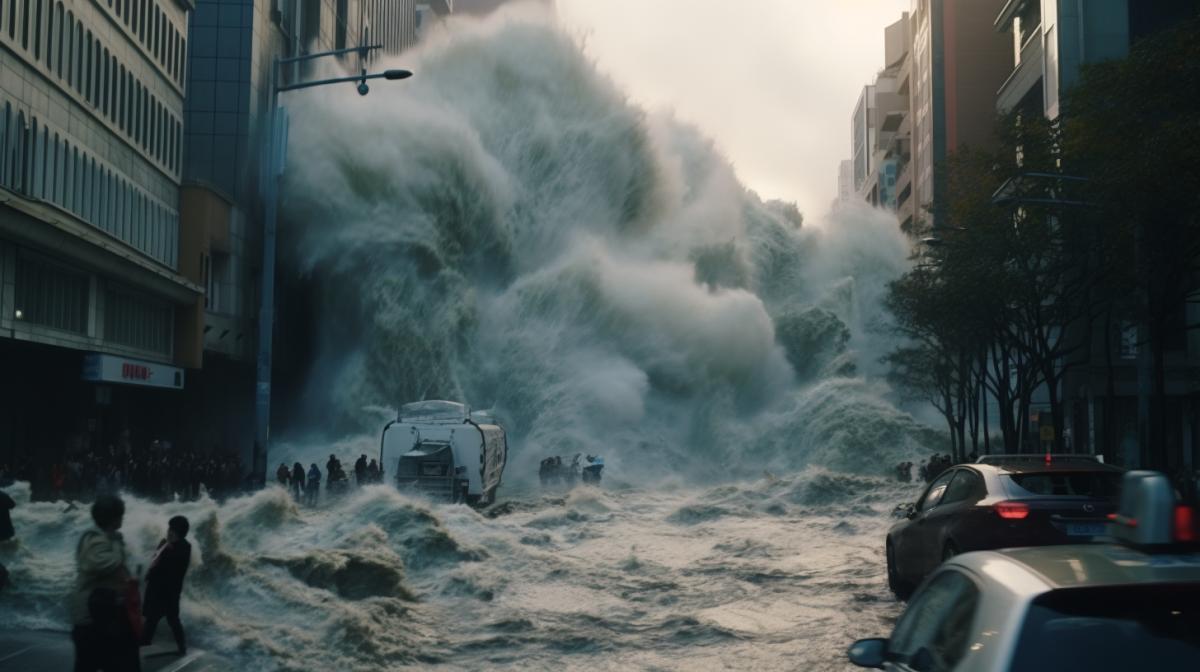 breathtaking, A huge wave floods the streets of the metropolis, uhd