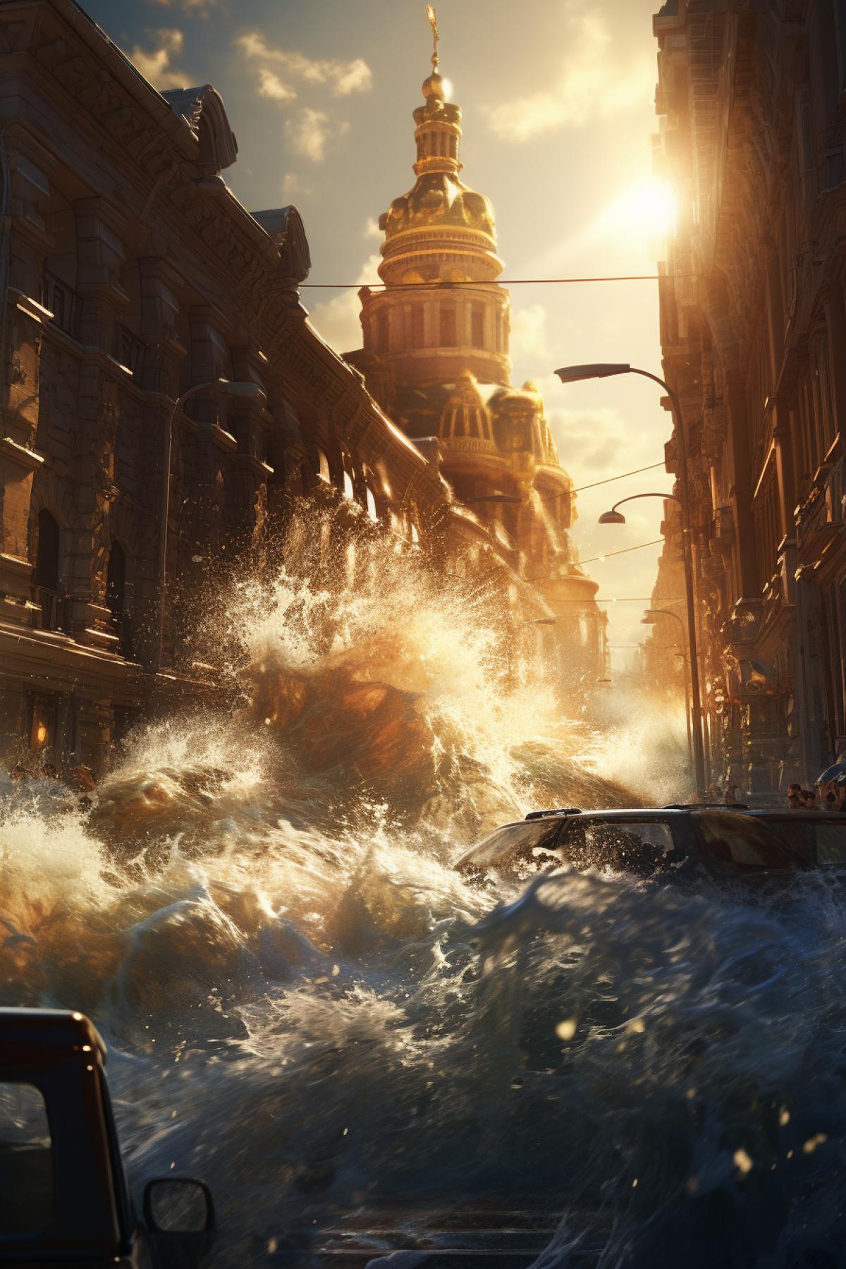 A massive dam breaks and floods a hyperdetailed Moscow City Streets, rushing water smashing into hyperdetailed houses and cars, large splashes, subsurface scattering, raking sunlight, cinematic lighting, oil painting by Marcus Larsson, jon Foster, concept matte painting, photorealism, saturated, chiaroscuro
