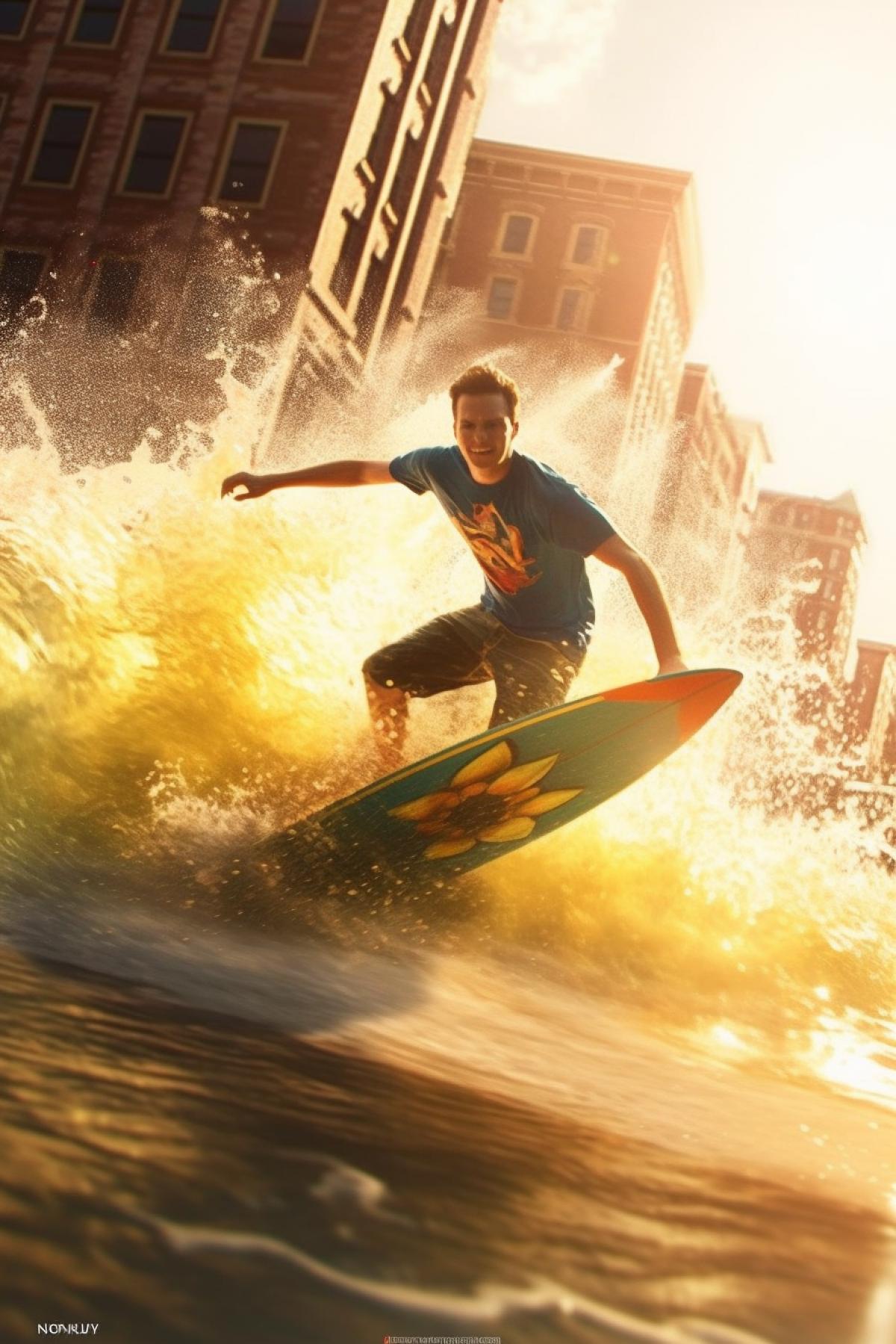 There is a big wave on the streets of New York. Flood. A tanned surfer in a Hawaiian shirt and sunglasses drinks a pineapplerockettail. The photograph is filled with light. Bright sun. Speed. Spray.